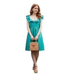 LulaKate Raw Silk Ruffle V-Neck Cocktail Dress Size 4 Teal Bridesmaid Evening